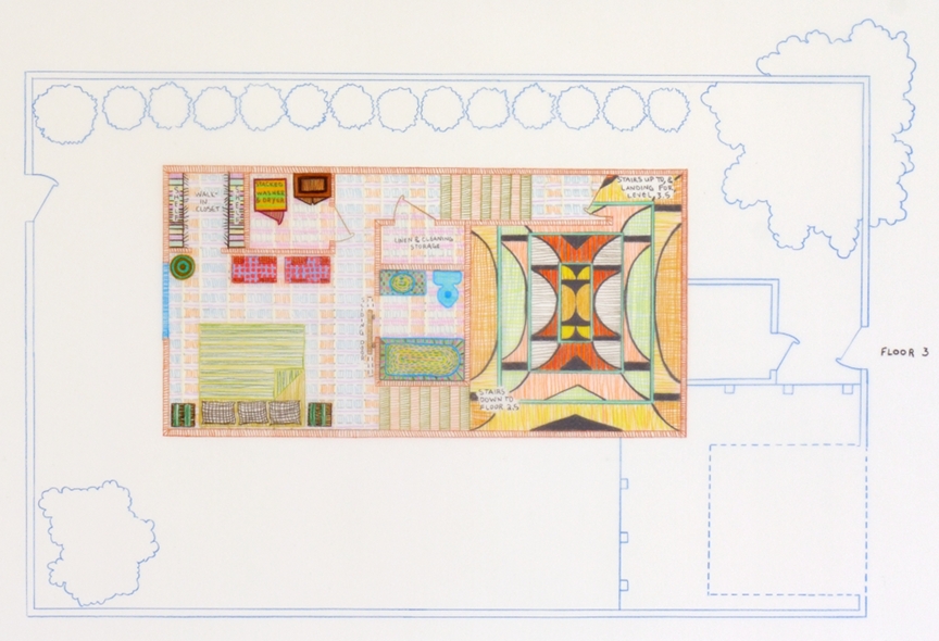 This work is comprised of seven drawings, listed by floor; each drawing is one level of the home.
Dream Home Sweet Home (#11101102) Floor 3 2011 Colored pencil on mylar 12 x 18 inches
