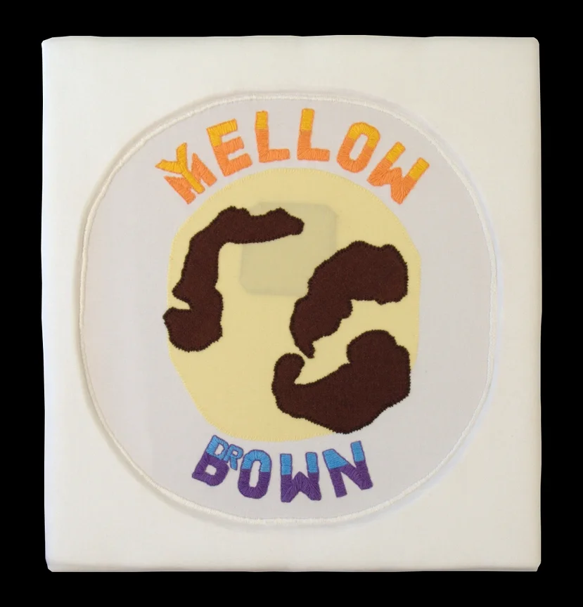 Yellow: Mellow, Brown: Down 2014 Hand embroidery, padding, and cloth on cloth 14 x 12 inches Private Collection