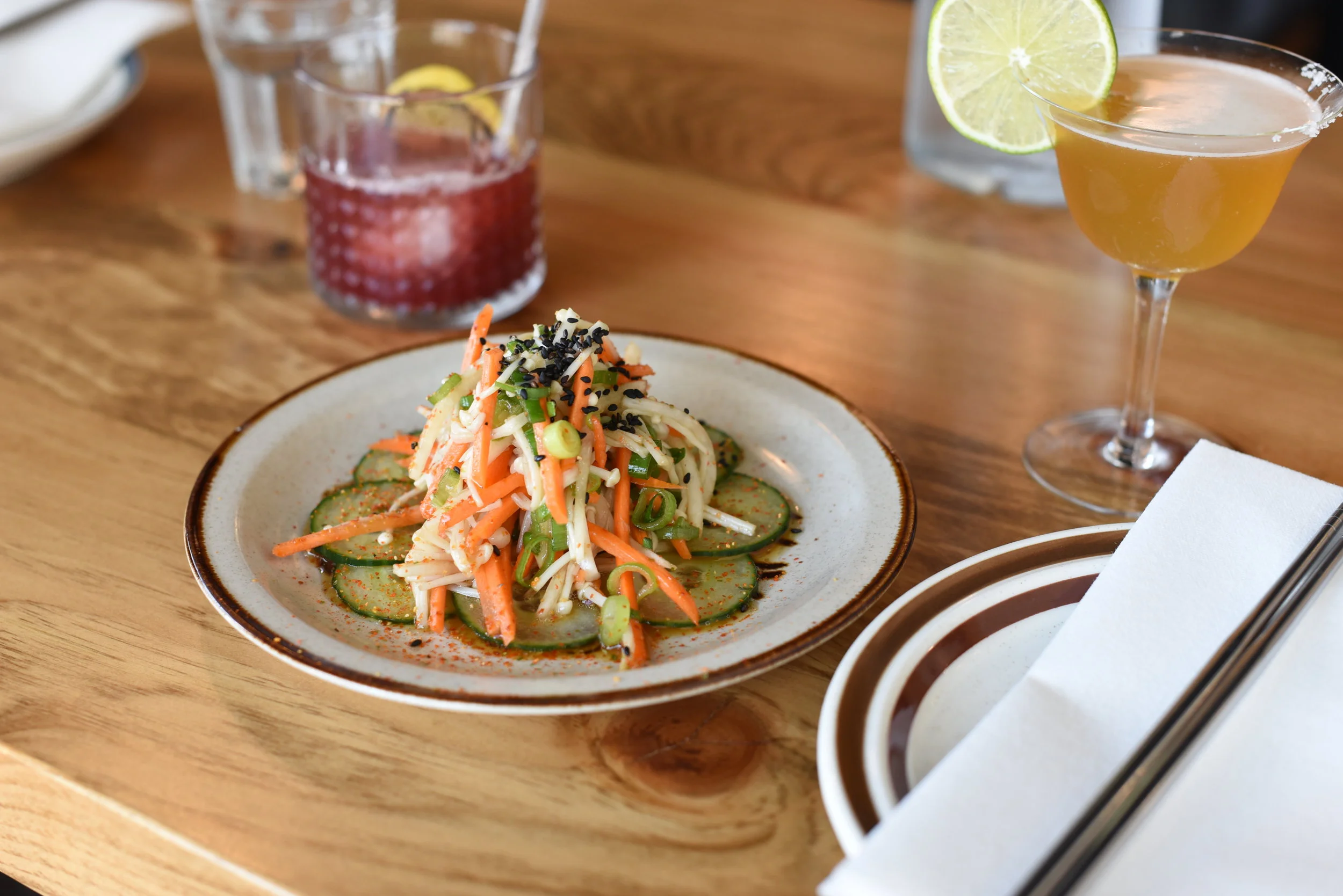 Enoki Salad - pickled enoki mushrooms, crisp veg, & sesame.