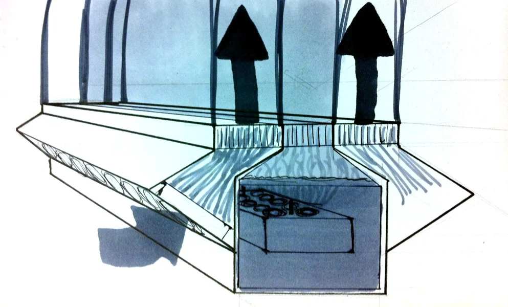  A central water tank holds the fog-generating transducers, and a bank of fans on either side creates an upward airflow to keep the fog in a sheet. 