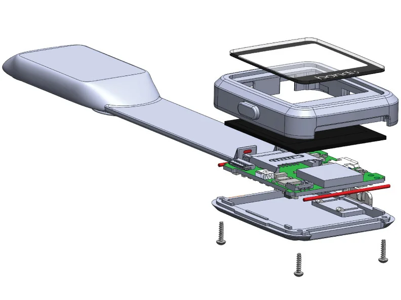  An exploded view reveals the internal elastomer band housing the physiological sensors, battery, and vibration motor.&nbsp; This elastomer band is designed to provide a compliant suspension for each sensor element in addition to protecting the enclo