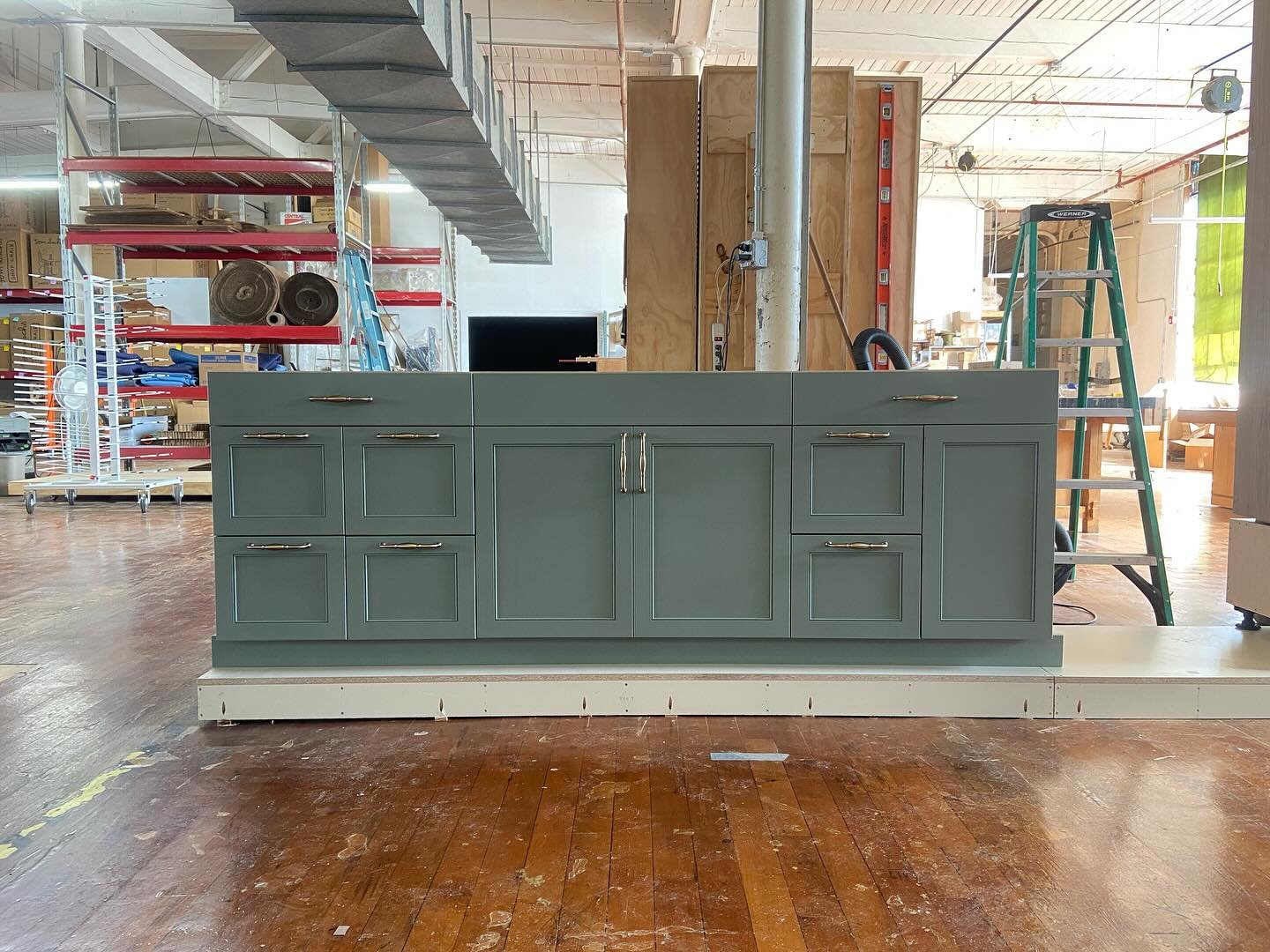 Custom vanity ready for install. Color is SW Evergreen Fog