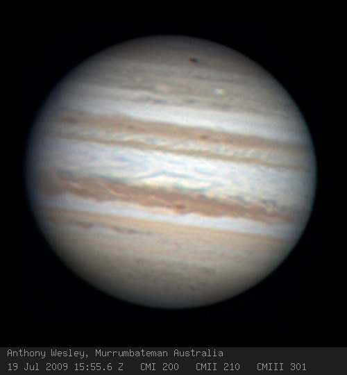 The dark spot at the top of the image is amateur astronomer Anthony Wesley's discovery of the 2009 Jupiter impact. (Source: Anthony Wesley)