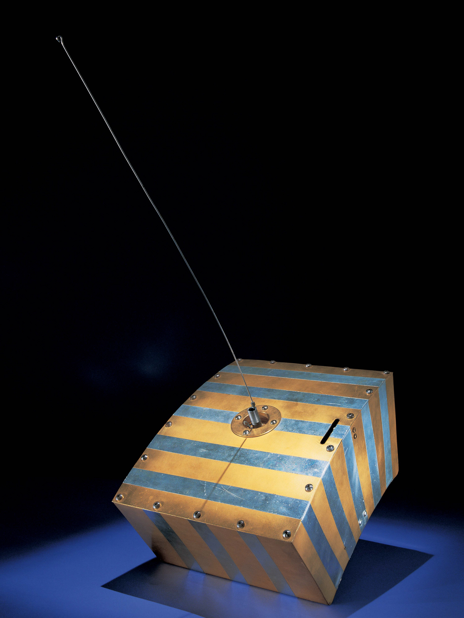 A model of Oscar, the world's first amateur satellite, on display at the Smithsonian National Air and Space Museum. Source: Smithsonian Institute