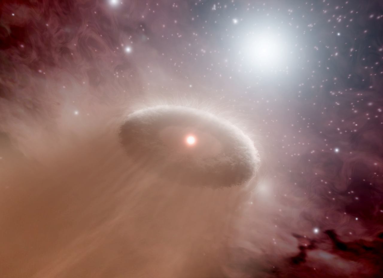 An artist's concept illustrates a protoplanetary disk being evaporated by a nearby star. Source: NASA/JPL-Caltech/T. Pyle (SSC)