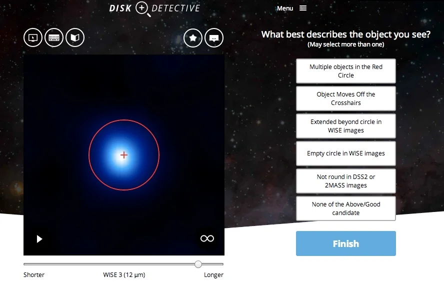 The training interface for Disk Detective. Good candidates for planetary disks stay centered in the red circle. If it looks good to you - and a dozen other Detectives agree - then astronomers will take a closer look with big telescopes like Hubble. Source: Disk Detective