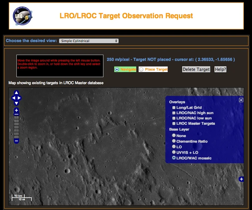 The Lunar Reconnaissance Orbiter's Targeting Tool lets you find someplace interesting on the Moon for your custom space photo. Credit: Nasa/GSFC/Arizona State University