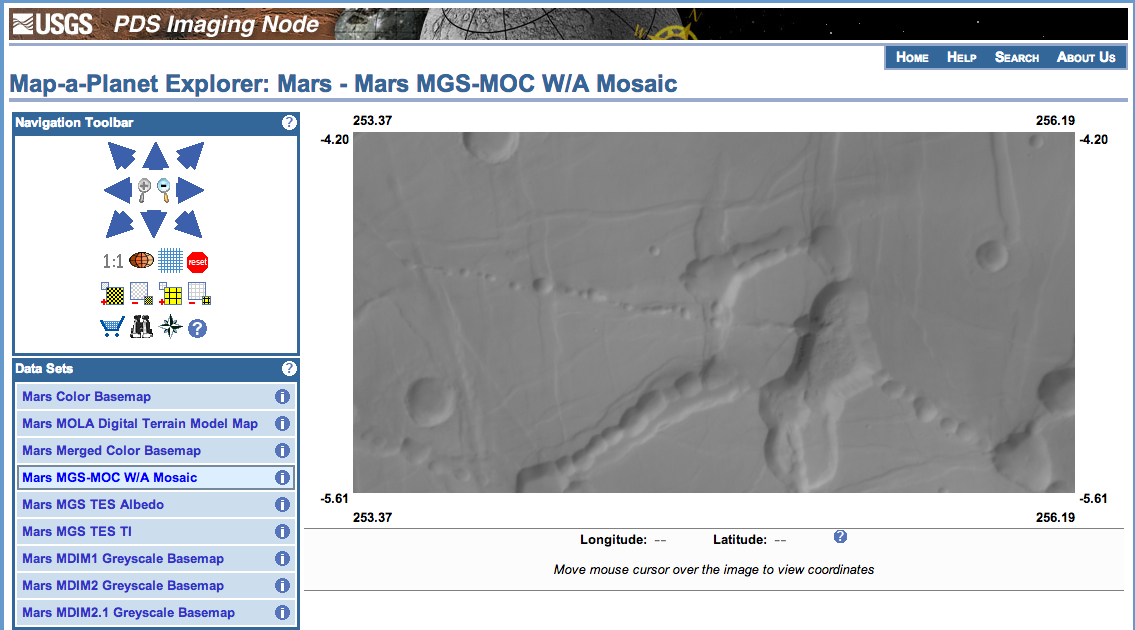 This image from the USGS Map-a-Planet Explorer gives a wider view of the region around my HiWish request. The Map-a-Planet image uses data from the Mars Global Surveyor. Credit: NASA/JPL/Malin Space Science Systems