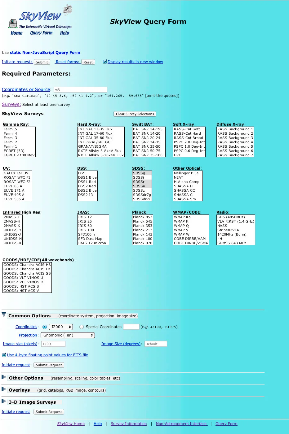Both professionals and amateurs use the same form to search for images with SkyView.