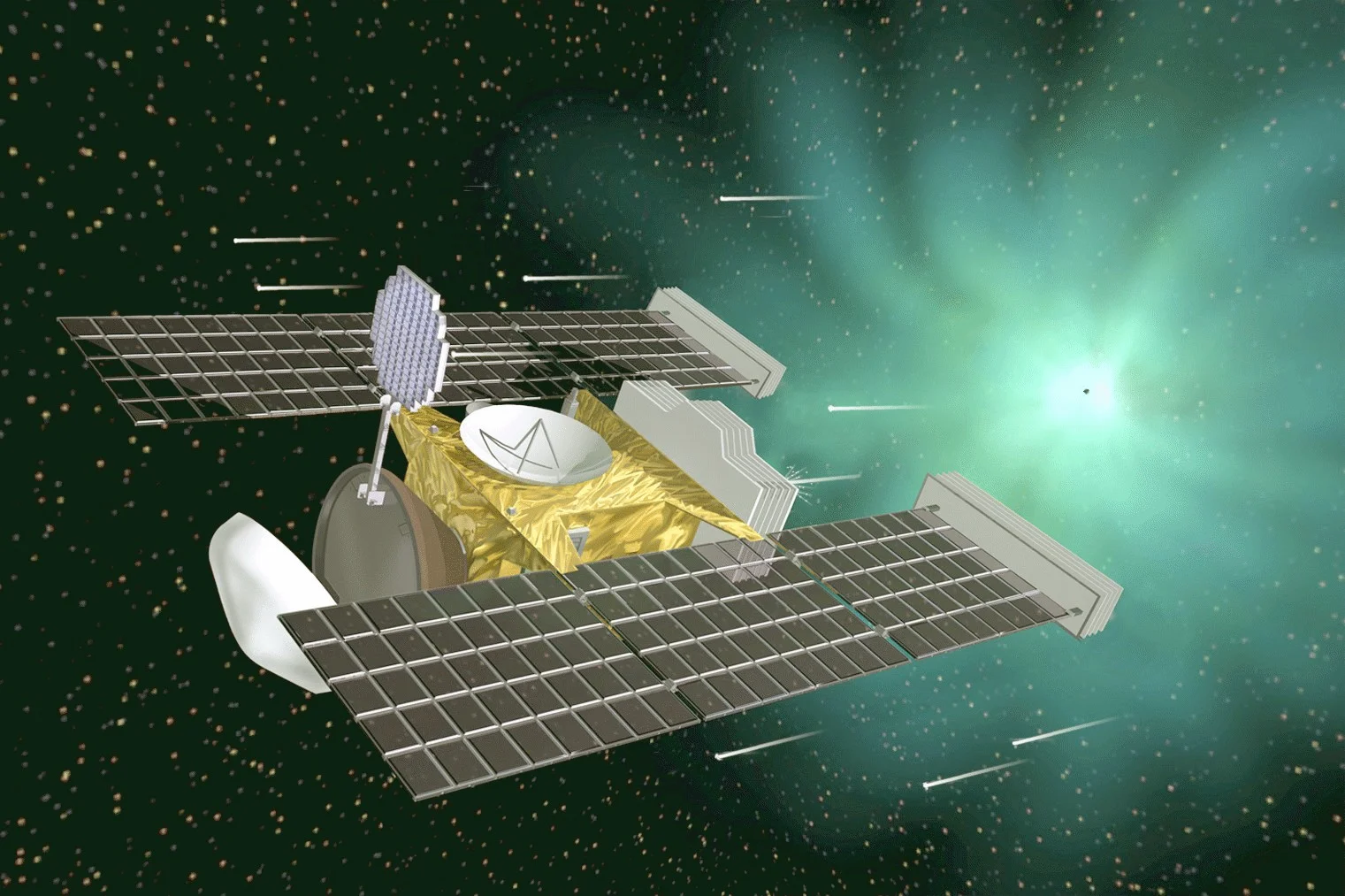 Artist's concept of the Stardust probe during its rendezvous with the comet Wild 2. Credit: Nasa/JPL-Caltech