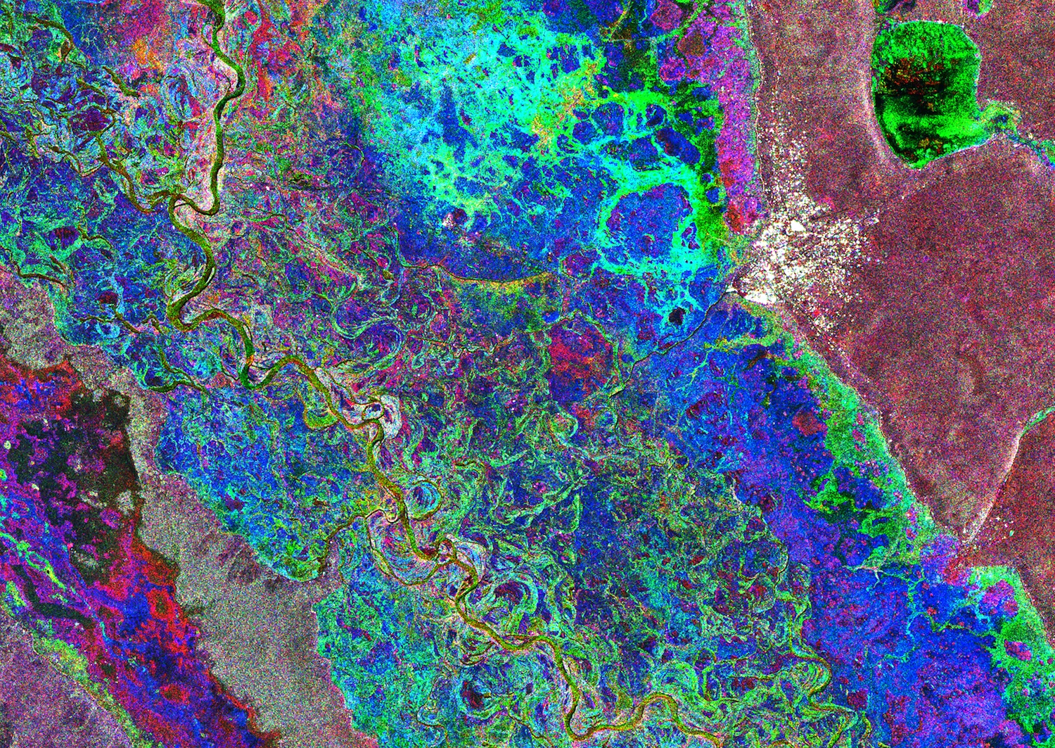 Zambia's Zambezi River from Esa's Envisat. The false-color technique combines radar images taken during the wet and dry seasons to show how dramatically water levels change. Credit: Esa