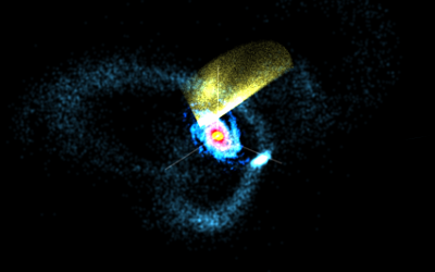 In this visualization of a MilkyWay@home simulation, the bright spiral in the center is the Milky Way. To the right is the Sagittarius Dwarf Elliptical Galaxy with its stream of stars wrapping around the Milky Way. The yellow fan represents the observed data from the Sloan Digital Sky Survey. Credit: Shane Reilly, MilkyWay@home