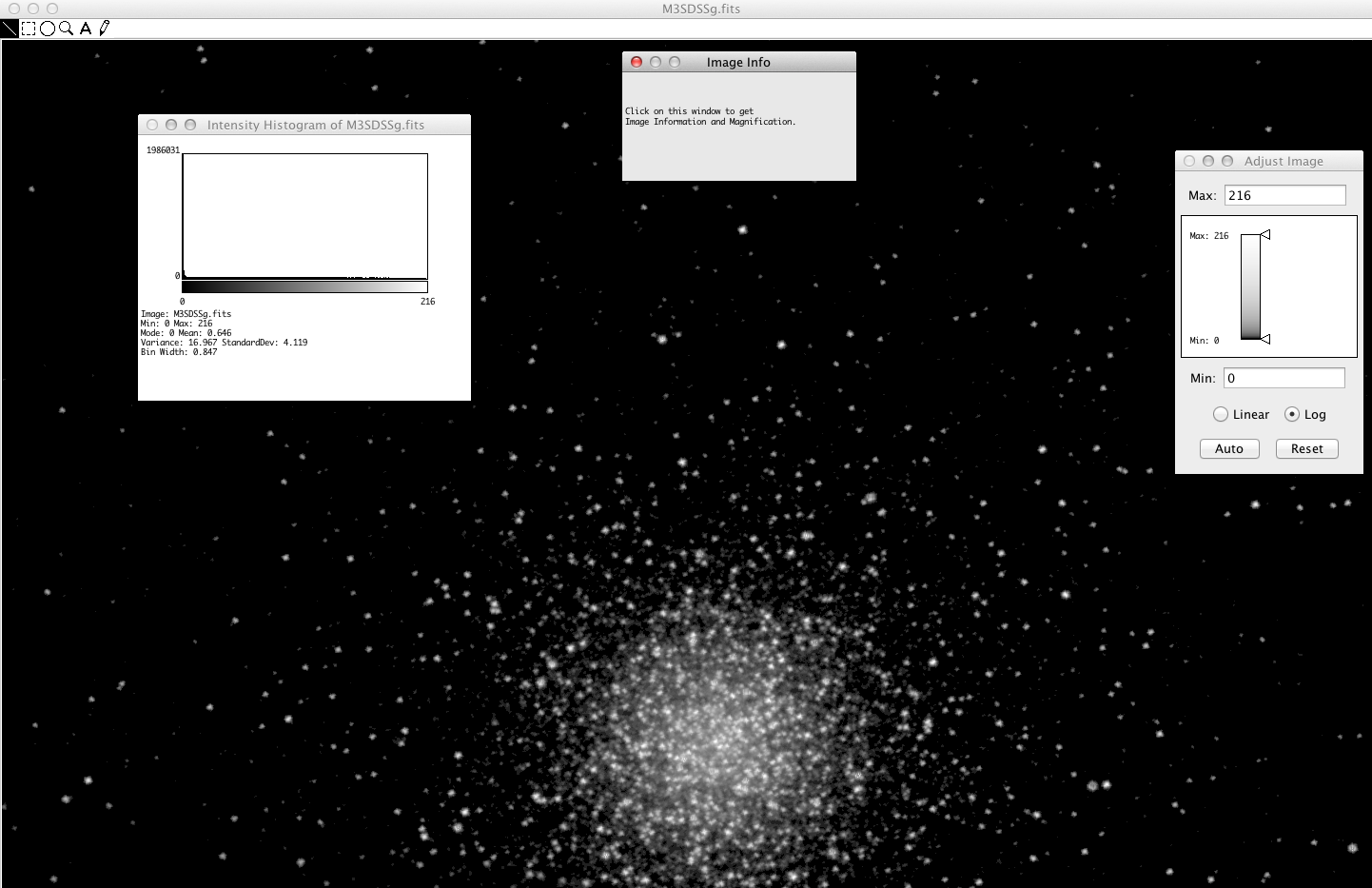 A screenshot of the free MicroObservatory Image software and some of its image processing tools. Software Credit: Harvard-Smithsonian Center for Astrophysics Image of M3 Credit: Sloan Digital Sky Survey via Nasa's SkyView