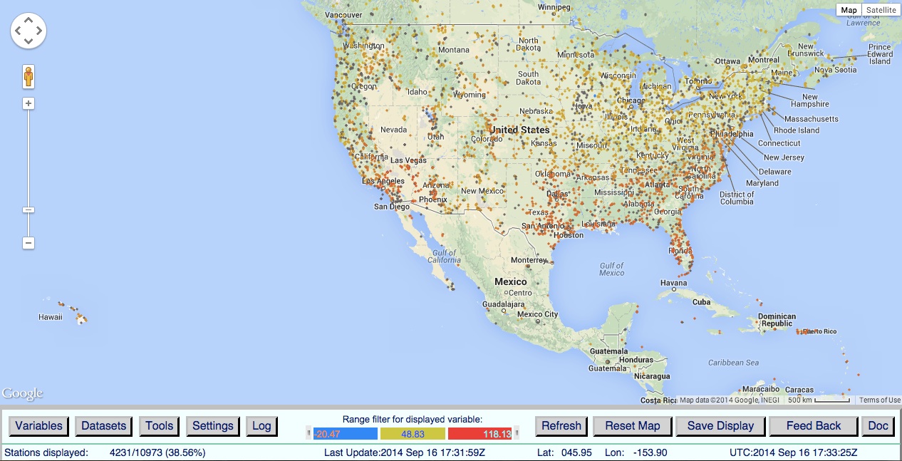 Over 10,000 weather stations around the world report data to Noaa's National Weather Service through the Citizens Weather Observing Project. Source: Noaa Meteorological Assimilation Data Ingest System (Datasets = APRSWXNET)