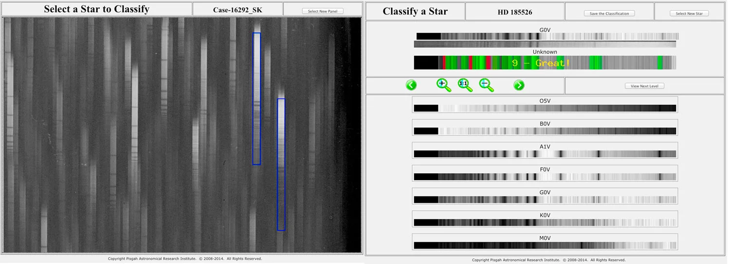 After picking a spectrum from the plate interface, the Scope project lets you match the spectrum to stellar classes and subclasses. Source: Pari/Scope