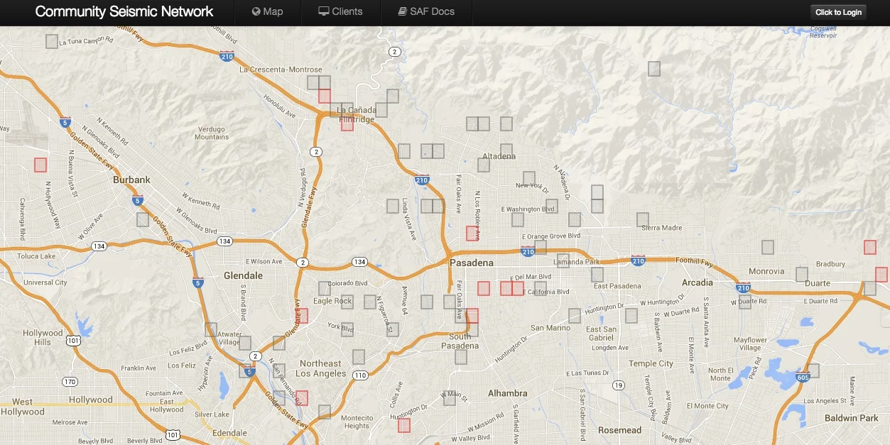 The Community Seismic Network's live map shows sensor reports of shaking. To protect volunteers' privacy, the sensor's data only appears at the block level. Source: CalTech/Community Seismic Network