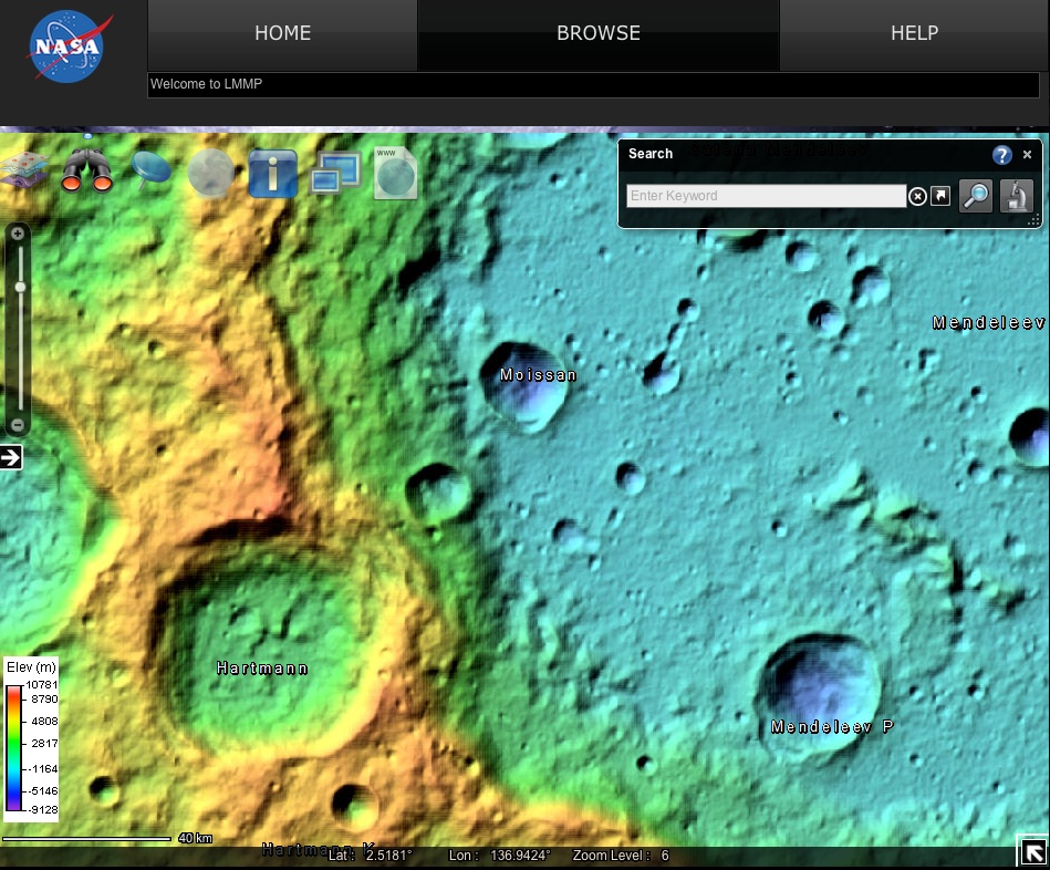 One edge of Mendeleev Crater on the Moon's far side has some of the most extreme changes in elevation from the crater's ridges (red) to the deep craters within the crater (purple). Credit: Nasa/GSFC
