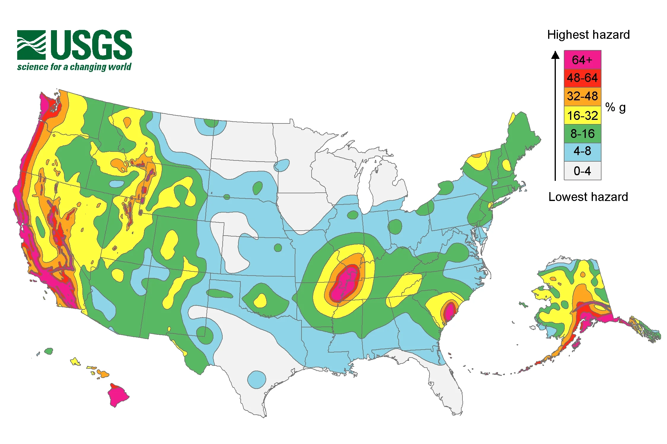 This map from the USGS shows the regions with the greatest risks for earthquakes in the United States. Source: USGS