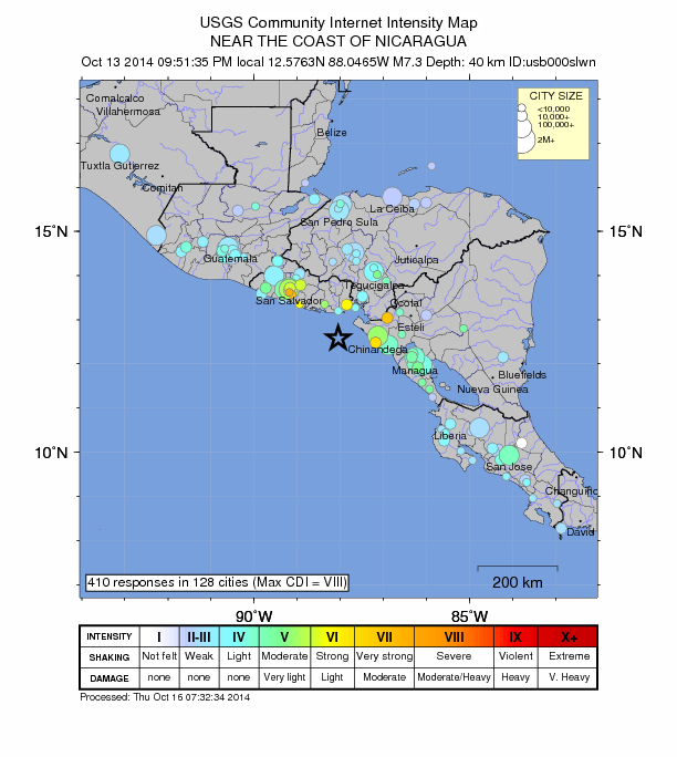 The USGS Did You Feel It program takes public reports from around the world. Almost 400 reports arrived within 2 hours of this October 13, magnitude 7.5, earthquake in Nicaragua. Source: USGS Did You Feel It 