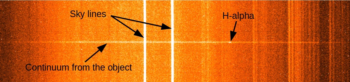 When the Gaia Space Telescope spotted a sudden brightening in space, scientists with the Liverpool Telescope obtained this spectrum (horizontal line) of the binary system that produced it. One of the stars is a white dwarf that rips material from its companion star. When it reaches critical mass the accreted material fuses and explodes from the white dwarf. Source: Liverpool Telescope