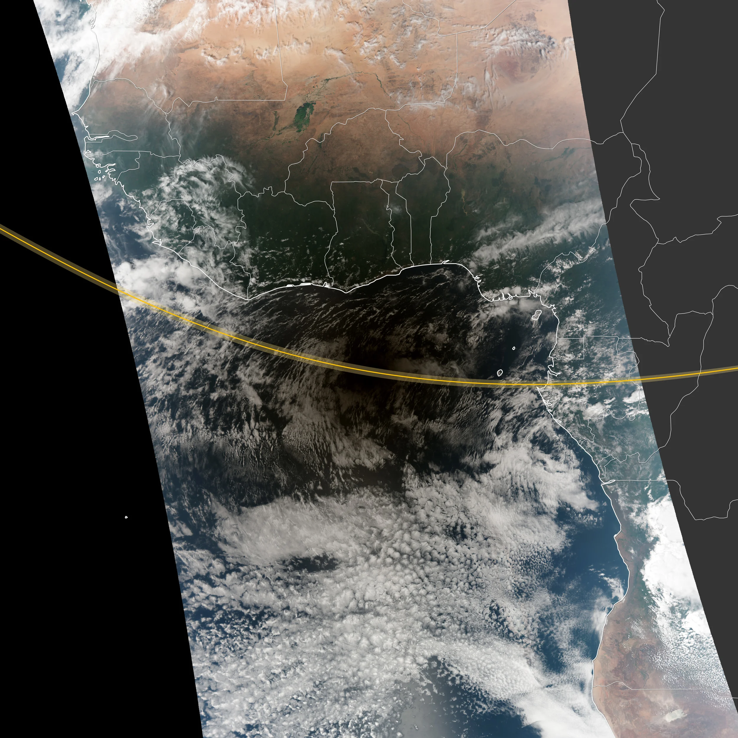 Nasa's Earth Observation team created this illustration of a solar eclipse from above. As the Moon occults the Sun, it casts a shadow that passes over the Earth below. People standing along the shadow's path at the "equator" (the yellow line) see the shadow for a longer period than people standing at the shadow's "poles". Credit: Robert Simmon and Jesse Allen, Suomi-NPP VIIR