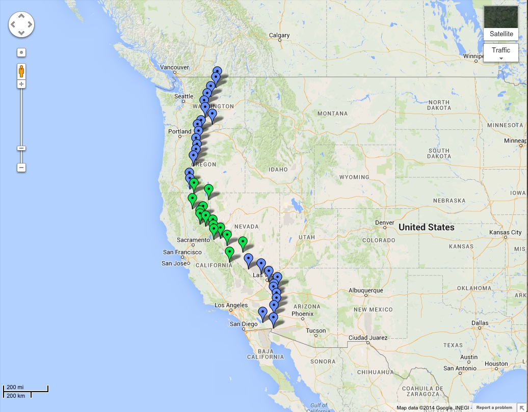 The latest National Science Foundation grant will let Recon expand from its 13-site pilot project (green) to the full 40-site network (blue). Source: Recon