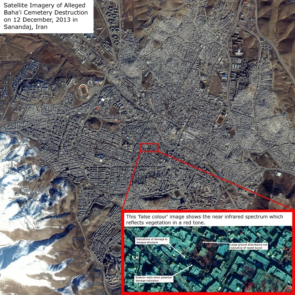 The Sentinel Project used this image from space to document the destruction of a Baha'i cemetery in Iran. Source: Sentinel Project