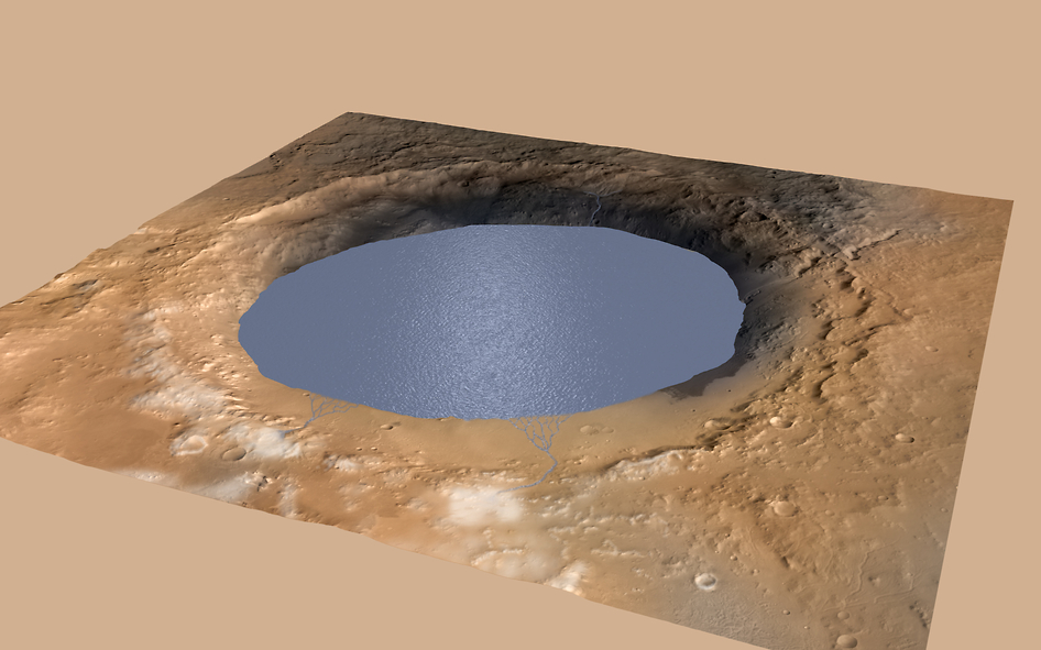 A simulation of water-filled Gale Crater. Data from the Curiosity rover leads Nasa scientists to believe that the crater's central peak formed from a lake's sediment deposits. Credit: NASA/JPL-Caltech/ESA/DLR/FU Berlin/MSSS