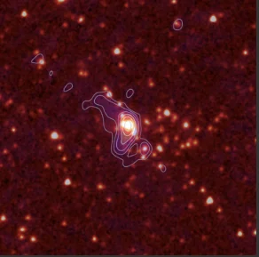 Radio Galaxy Zoo's interface overlays contour lines representing radio-frequency emissions from galactic jets over infrared images of the same region in space. The crowdsourcing project relies on its volunteers to map the radio signals to their sources - something computers struggle to do. Source: Radio Galaxy Zoo