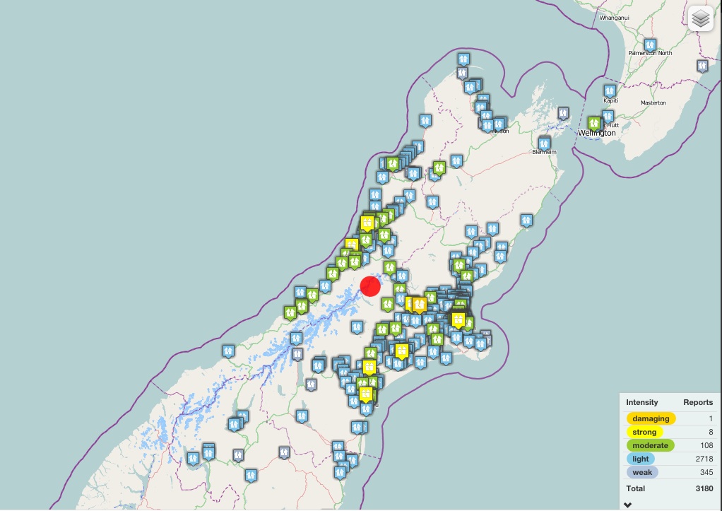 GeoNet's crowdsourced map of the 6.0-magnitude earthquake that struck New Zealand on January 7. Source: GeoNet