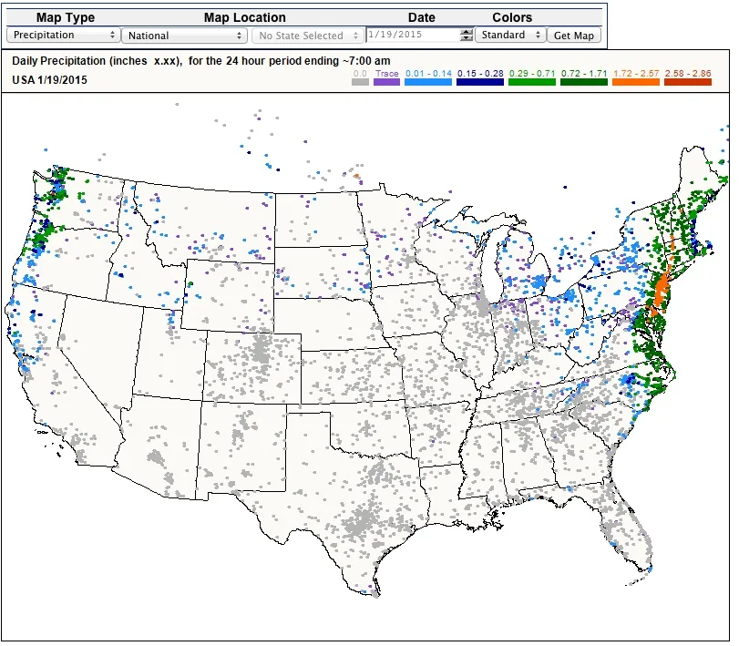 One day's snapshot of rain and snow reports form Cocorahs' 19,000 members. Source: Cocorahs