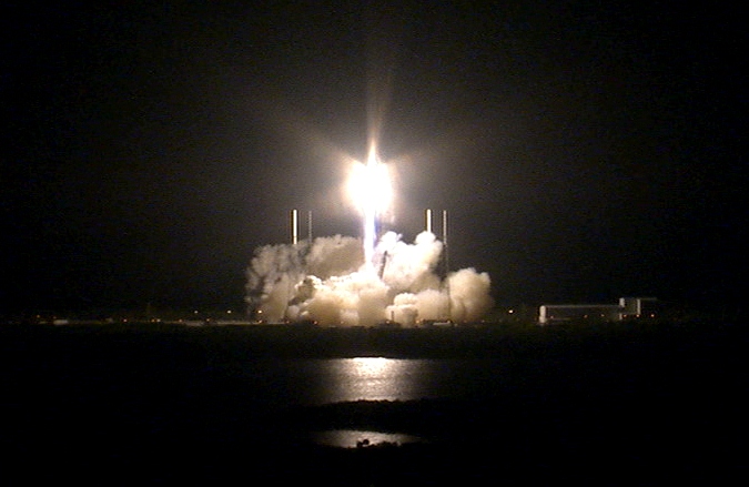 The SpaceX Falcon 9 lifting off early in the Florida morning with the Dragon resupply module. In addition to food and professional research, it also carried experiments built by middle and high school students. Source: Nasa