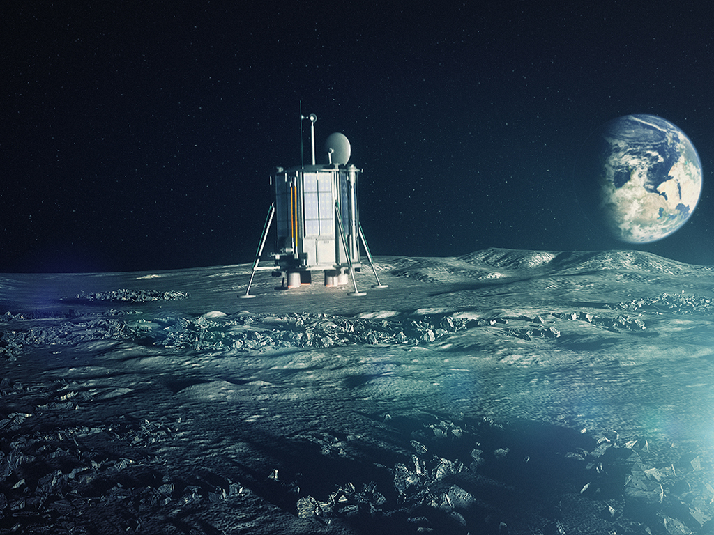Early concept art of the Lunar Mission One craft landing on the Moon. (The Earth appears upside down from the lunar south pole) Source: Lunar Mission One