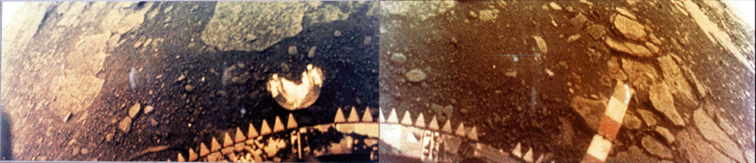Color image sent from the surface of Venus from the Soviet Union's Venera 13 lander. The thick atmosphere gives a strong yellow cast as it has filtered blue wavelengths from sunlight before it reaches the surface. Source: Nasa/NSSDC