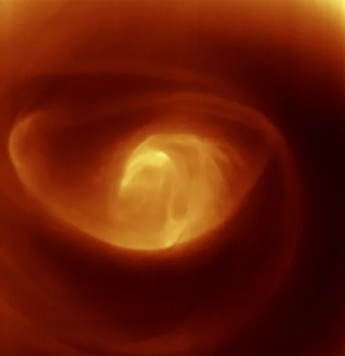The polar vortex at Venus' south pole captured by Venus Express. As the planet's clouds streak across Venus at 400 km/hour, they converge at the poles and sink towards the surface. Credit: Esa/Virtis/INAF-IASF/Obs. de Paris-LESIA/Univ. Oxford