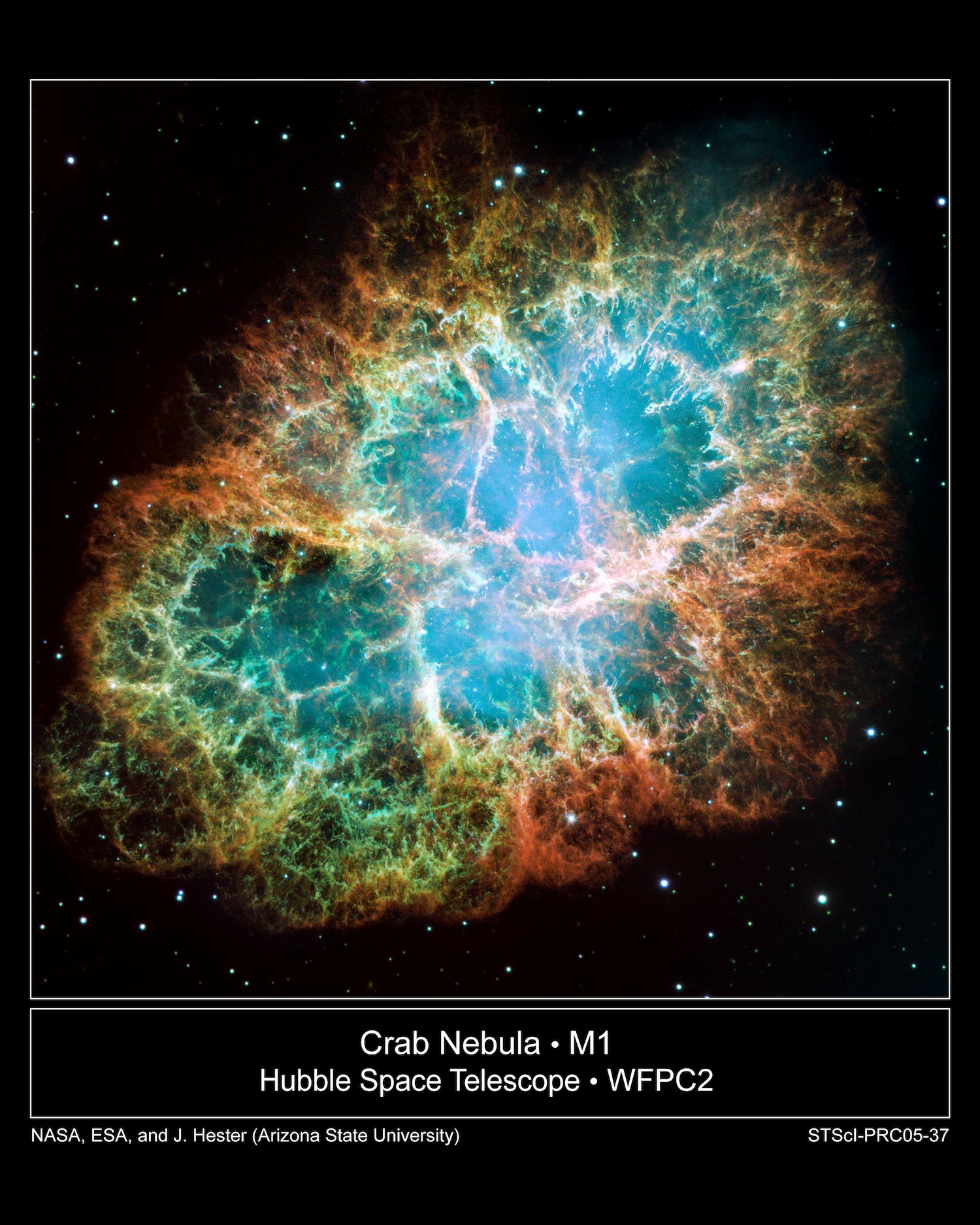 One of two fates await an aging star as its fusion reactions fizzle out. Most stars, including the Sun, become white dwarfs and slowly radiate their residual heat way like the dying embers of a campfire. The most massive stars, however, go out with a bang. Without the pressure from a giant star’s internal fusion reaction, its core collapses under its own mass as gravity crushes it form a neutron star. The sudden release of energy blasts the star’s outer layers away in an explosion so powerful that it shines with a light billions of times brighter than the original star. Credit: Nasa, Esa, J. Hester and A. Loll (Arizona State University)