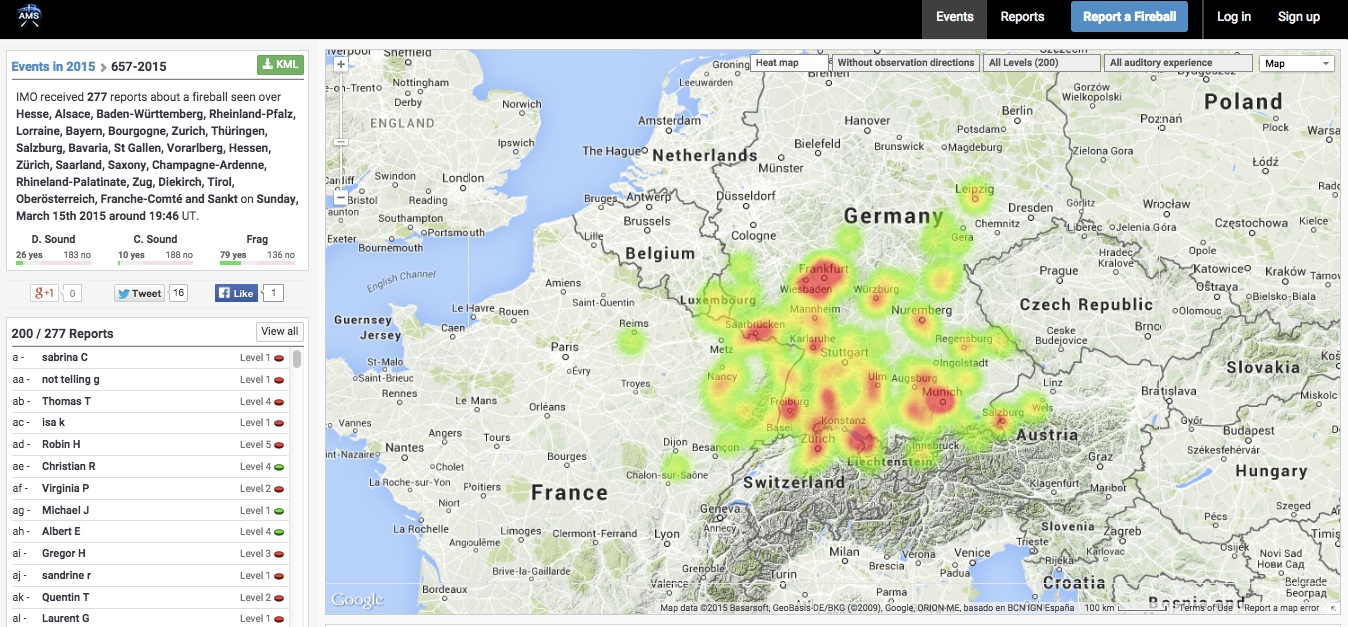A map of the 277 reports of last Sunday's fireball over Europe. Credit: American Meteor Society
