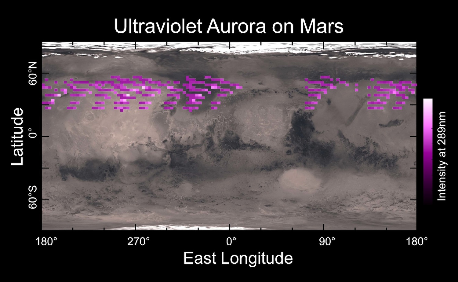 This map presented at the Lunar and Planetary Science Conference last week shows the aurora-emitted ultraviolet light that Nasa's Maven orbiter detected. Credit: University of Colorado