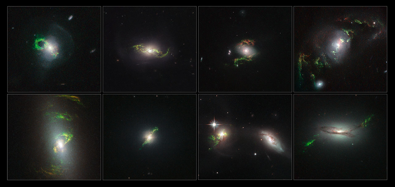 The glowing green ribbons are clouds of gas once blasted with radiation from a galaxy's black hole. Credit: Nasa/Esa/Galaxy Zoo team/W. Keel (University of Alabama, USA)