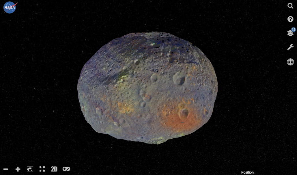 Nasa's new Vesta Trek lets you explore the planetoid in your browser. View it as a map or use the 3D mode. Layers let you add other data from the Dawn spacecraft. Credit: Nasa/JPL-Caltech