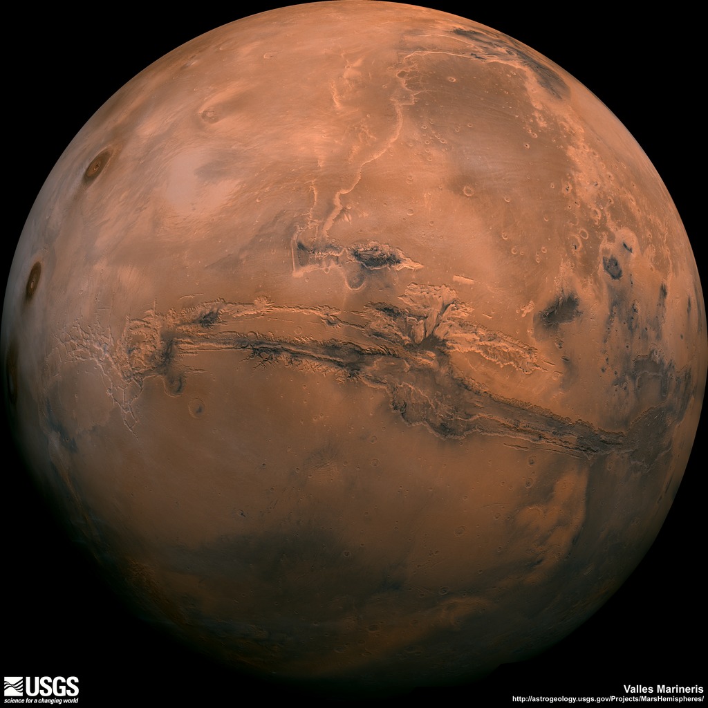 The USGS mapped Viking Orbiter images of the Valle Marineris to create this image of the red planet. Credit: Nasa/USGS
