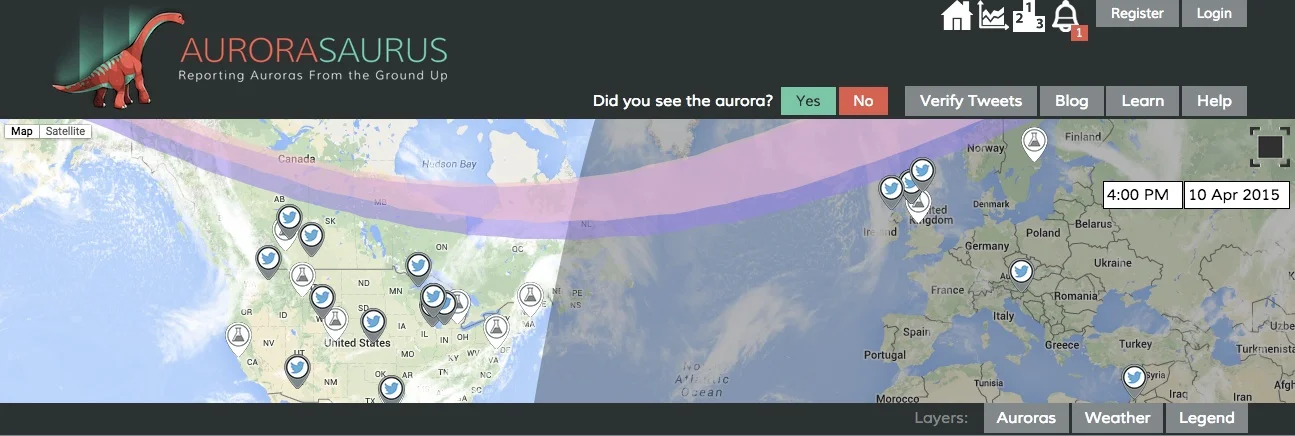 Report your aurora observations at the Aurorasaurus website, with its app, or just tweet it to your friends. Credit: Aurorasaurus