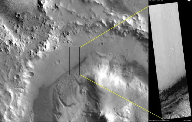 The Mars Reconnaissance Orbiter's CTX camera can resolve objects about 20 meters across while the HiRise camera (inset) can resolve objects as small as 1 meter. Credit: Nasa/JPL-Caltech/University of Arizona/Planet Four
