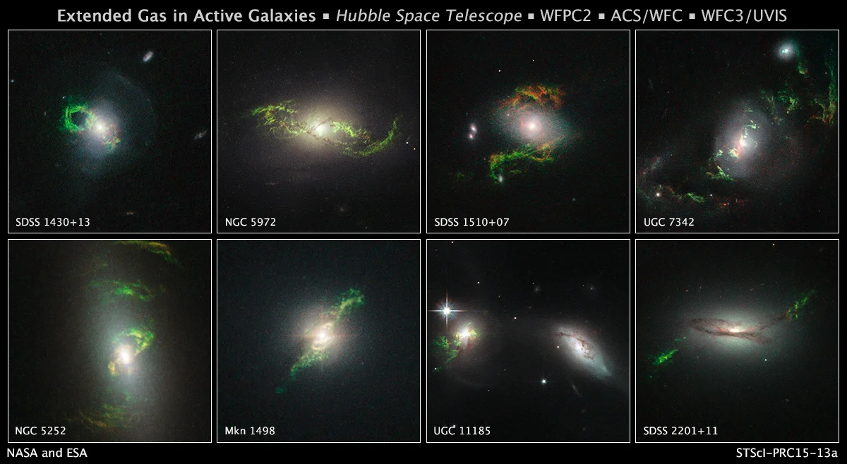 When Dutch schoolteacher Hanny van Arkel saw a glowing green blob in one of the Galaxy Zoo images, she asked in the project's forum whether anyone knew what it was. That triggered a research project that involved scientists and observatories around the world. The green blobs are filaments of gas surrounding a galaxy. The now-dormant black holes at the center of those galaxies, called Active Galactic Nucleii, once bombarded the filaments with intense radiation. The glowing ionized gas is an echo of the galaxy's distant past. Scientists use the filaments to study the history of the AGNs and the properties of their host galaxies. Credit: Nasa/Esa/W. Keel (University of Alabama, Tuscaloosa)