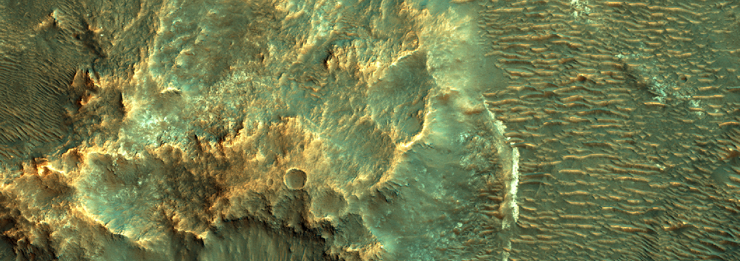 This is a detail from the recently released HiRise image of Vinogradov Crater, an ancient impact site in the southern highlands. Credit: Nasa/JPL-Caltech/University of Arizona