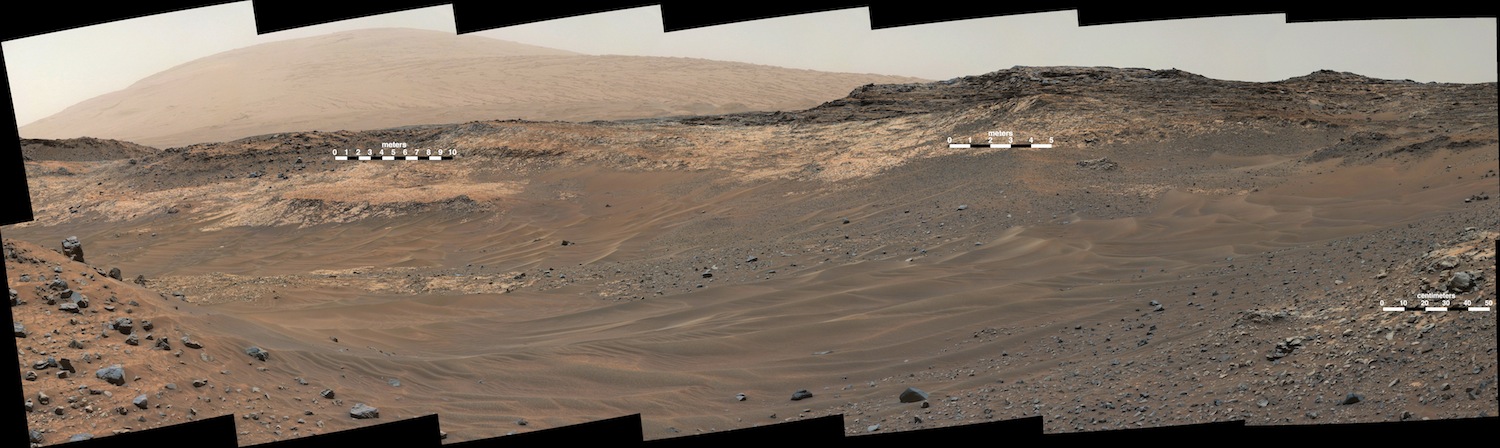 The outcrop Curiosity tried to reach is just above the center-most scale bar. The steep, sandy terrain was too unstable for the rover to continue forward. Credit: Nasa/JPL-Caltech