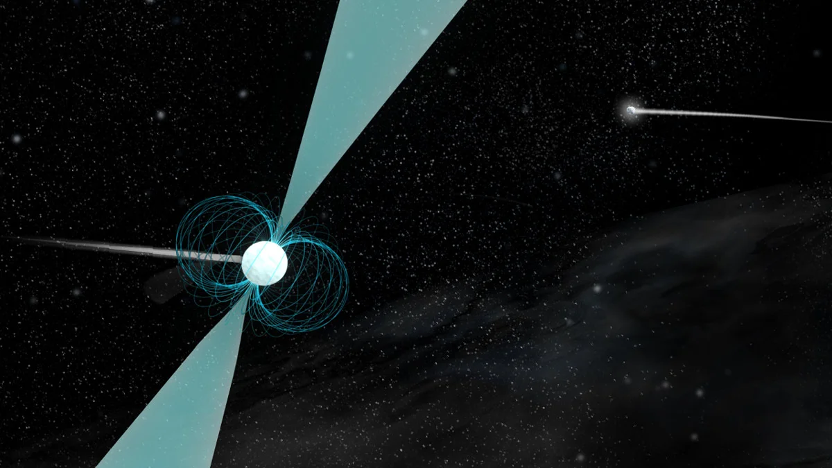 Artist's concept of a student pulsar discovery. The pulsar co-orbits with a companion neutron star - a doubly rare phenomenon. The extreme forces of a supernova explosion usually kicks the surviving neutron star away from any companion stars, making a pulsar binary systems uncommon. For it to happen twice is even more unusual. Cecilia McGough and De’Shang Ray discovered their pulsar in data from the Green Bank Telescope. Follow up observations show that the two neutron stars orbit each other at a larger distance than any other double neutron binary system. Credit: B. Saxton, NRAO/AUI/NSF