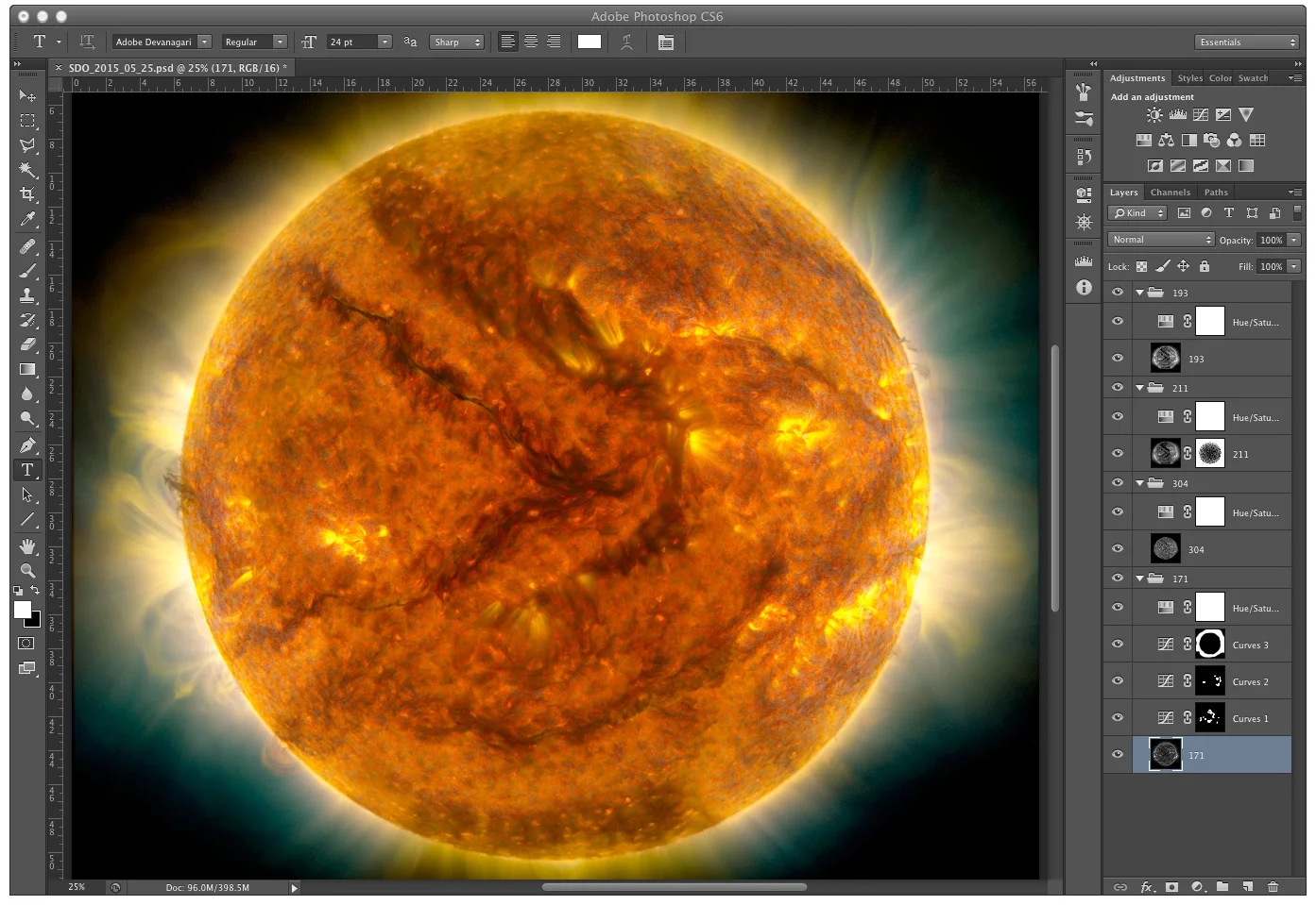 Once all of the images are stacked in Photoshop, the final image is up to you. How you colorize the layers and adjust details is entirely up to you. Credit: Chris Casper Data Courtesy of NASA/SDO and the AIA, EVE, and HMI science teams