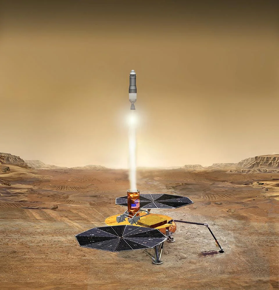 Nasa hopes to use robots to bring the first samples back from Mars. This artist's concept shows how a lander-based mission would scoop nearby soil samples. A rocket carries samples to a waiting Mars orbiter. A rover based mission could collect a wider range of geological samples, but Nasa needs smarter rovers to do that affordably. Credit: Nasa/JPL-Caltech