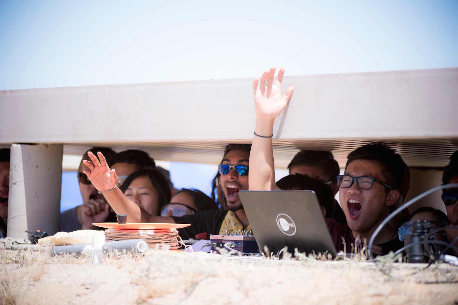 UCSD undergraduates at a recent test firing of their 3D printed rocket engine. Credit: Erik Jepsen/UC San Diego Publications